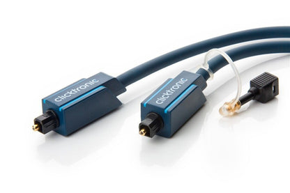 Clicktronic Toslink-kabler blå 2 m med sort Mini-Toslink-adapter og gennemsigtigt beskyttelsesdæksel.