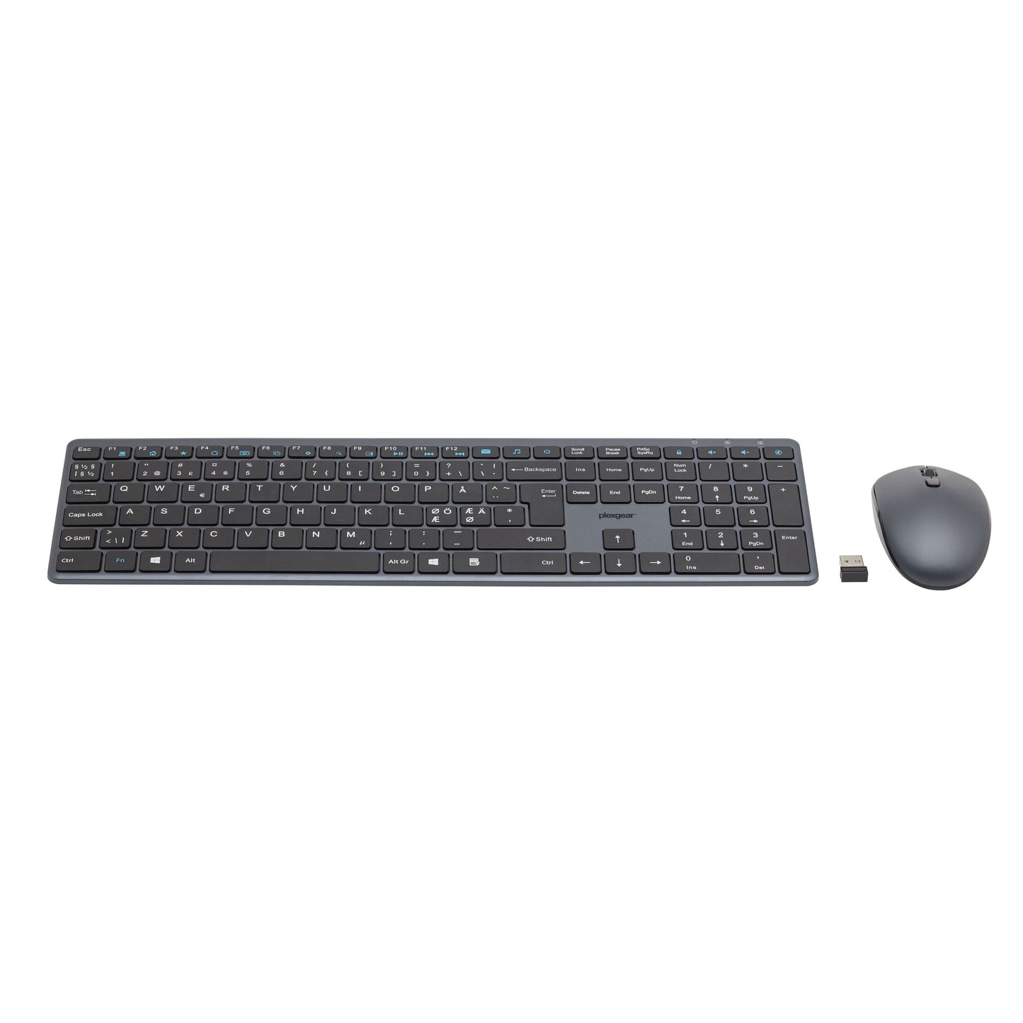 Plexgear KM-Silent trådløst tastatur og mus, sort, med kompakt USB-modtager.