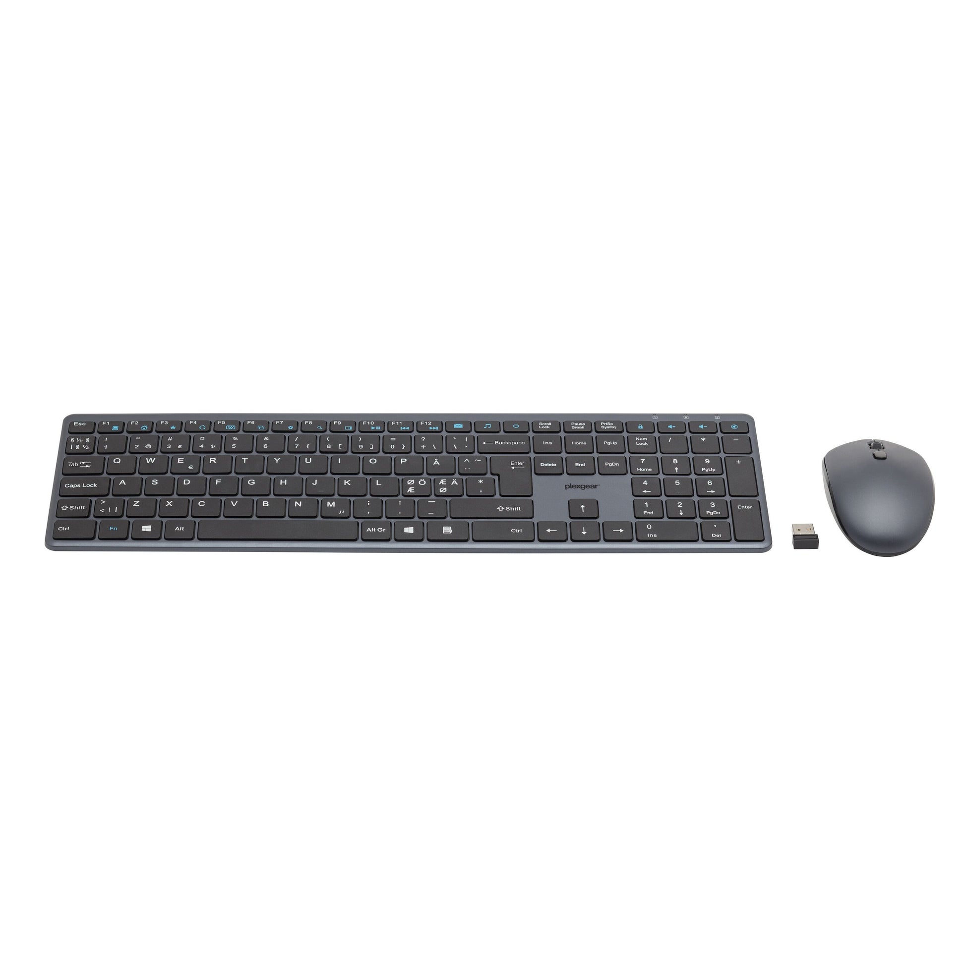 Plexgear KM-Silent trådløst tastatur og mus, sort, med kompakt USB-modtager.