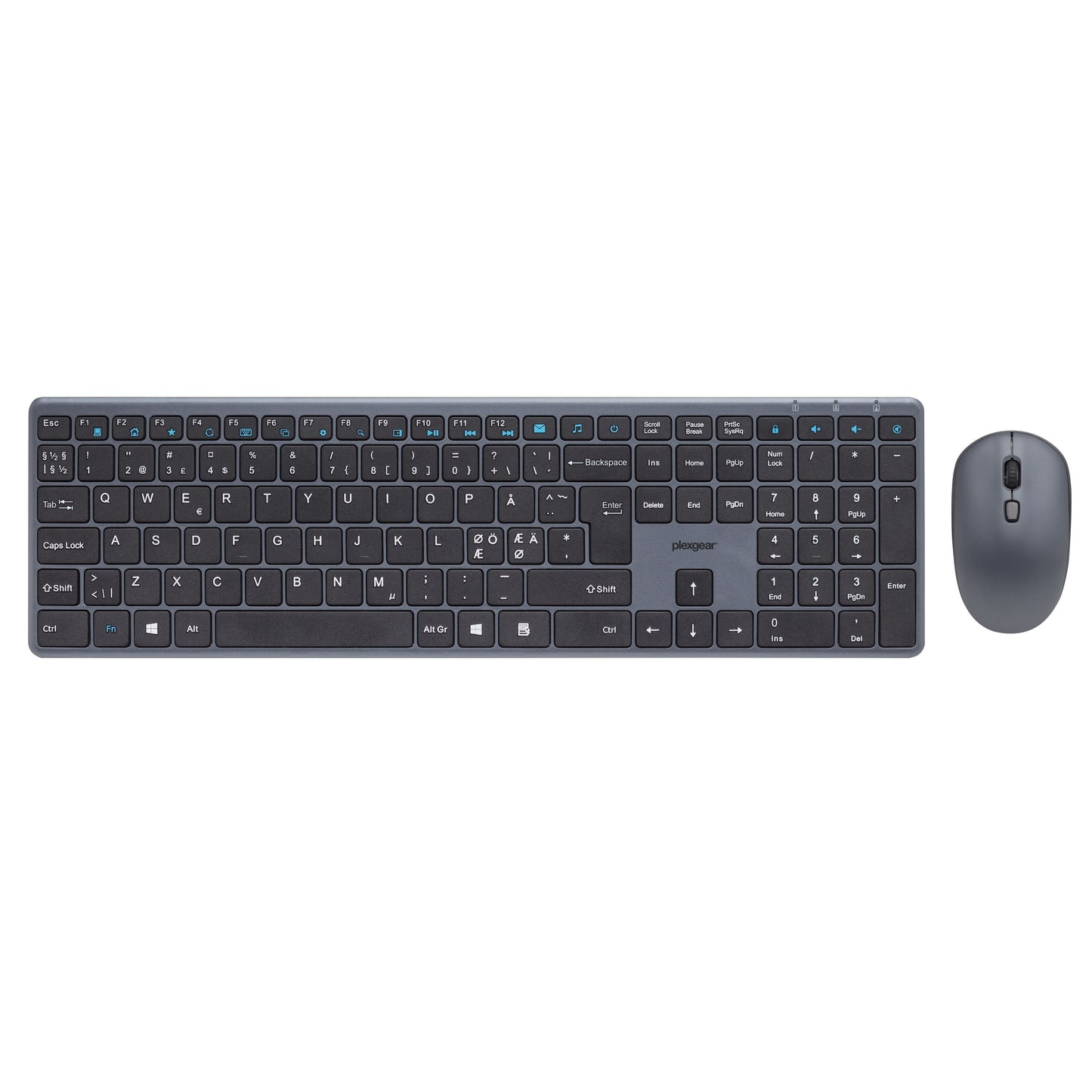 Plexgear KM-Silent trådløst tastatur og mus sortere lavprofiltaster side om side.