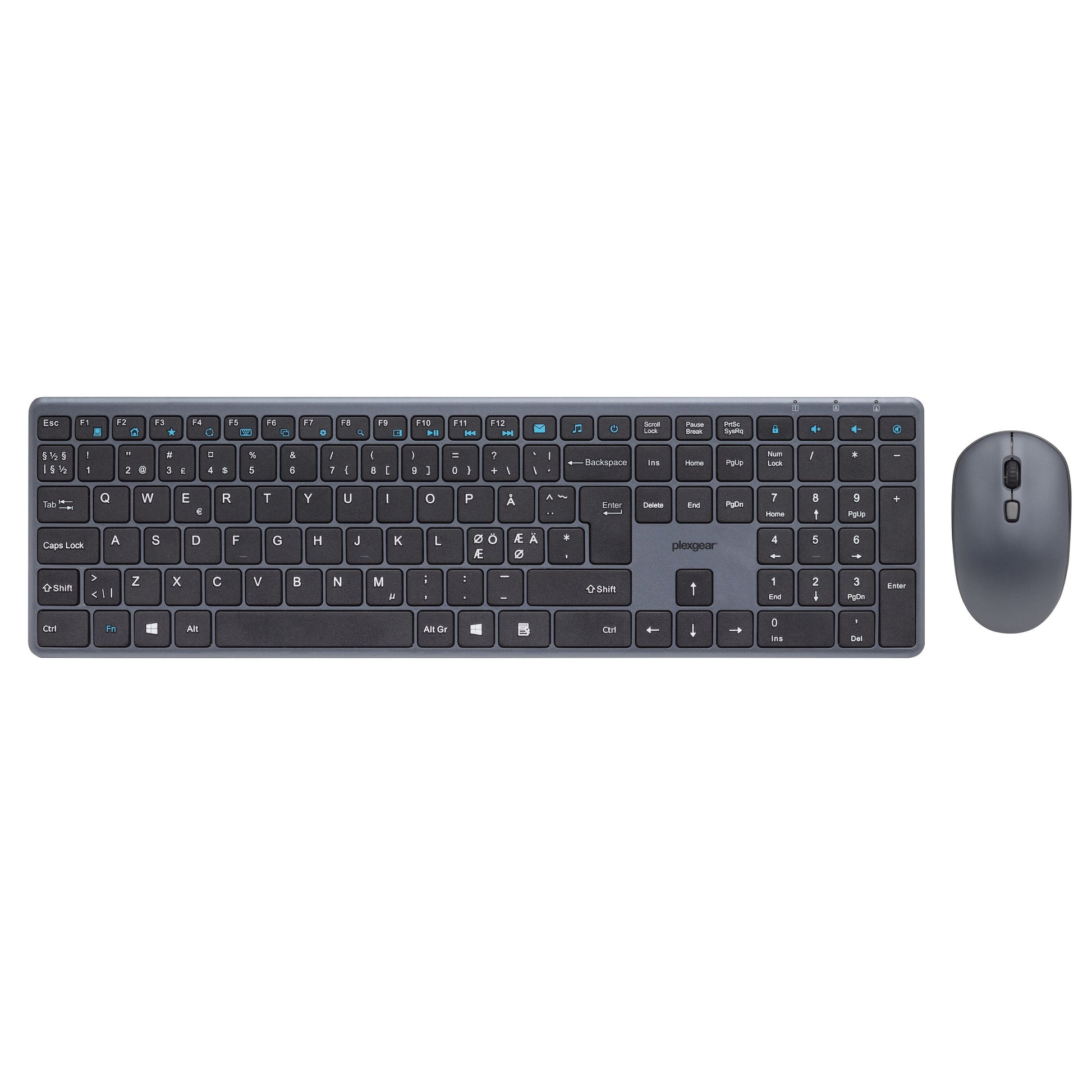 Plexgear KM-Silent trådløst tastatur og mus sortere lavprofiltaster side om side.