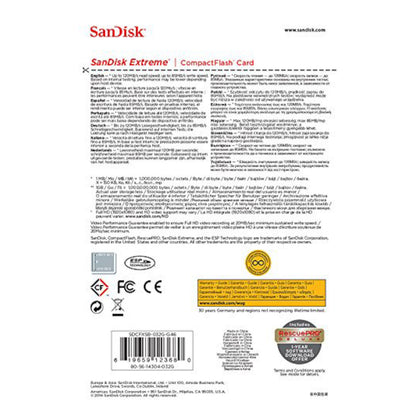 Sandisk Ekstremt CF-kort 32 GB bagside med produktinfo, tekniske specifikationer, kompatibilitet, garanti, stregkode, certifikatlogoer.