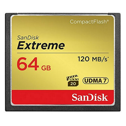 SanDisk Extreme CF-kort 64GB gul/rød label 120MB/s UDMA 7 Full HD videoikon.