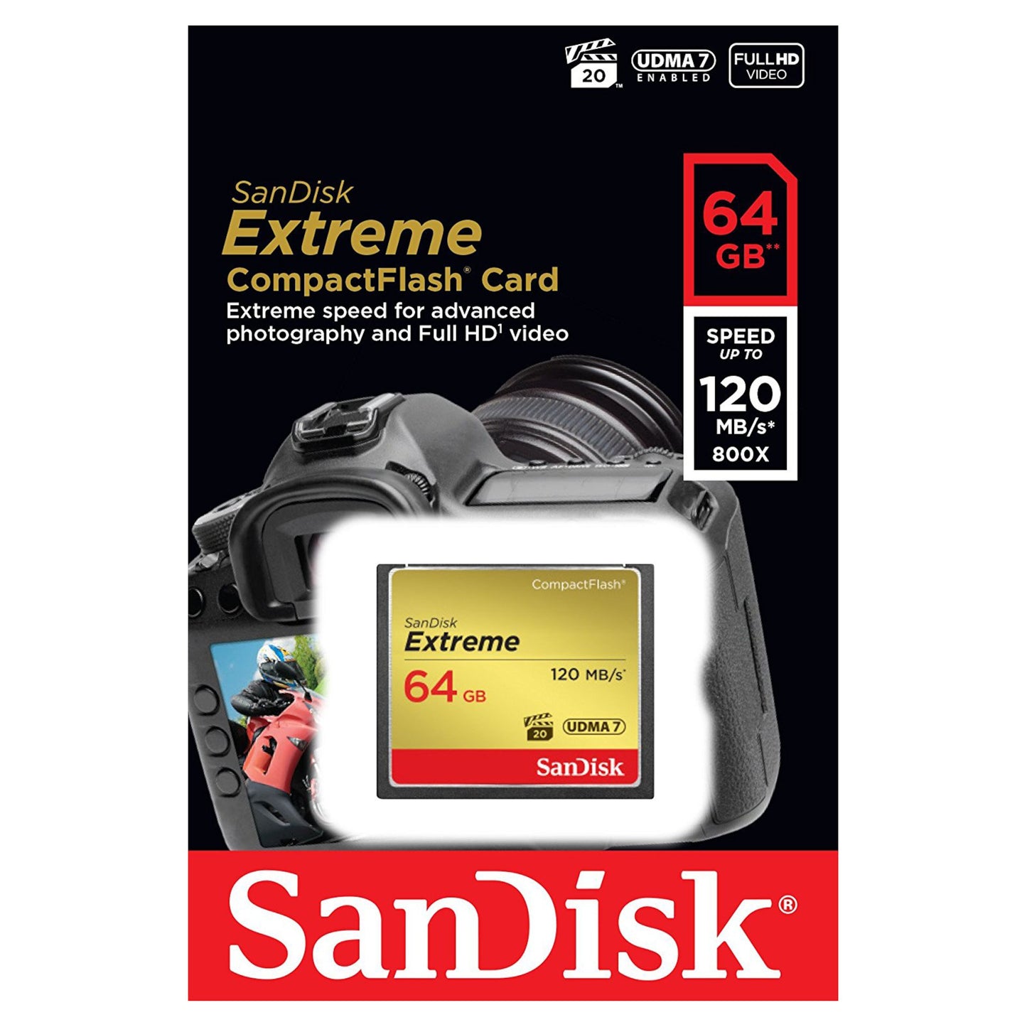 Sandisk Extreme CF-kort 64GB, kameraillustration på emballage, 120MB/s, 800X, UDMA7.