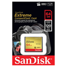 Sandisk Extreme CF-kort 64GB, kameraillustration på emballage, 120MB/s, 800X, UDMA7.