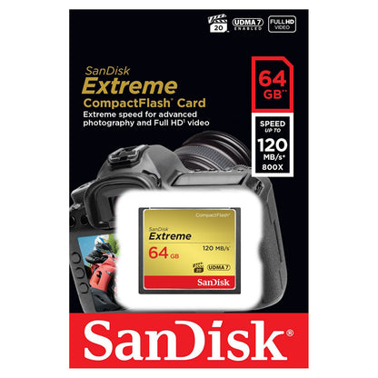 Sandisk Extreme CF-kort 64GB, kameraillustration på emballage, 120MB/s, 800X, UDMA7.