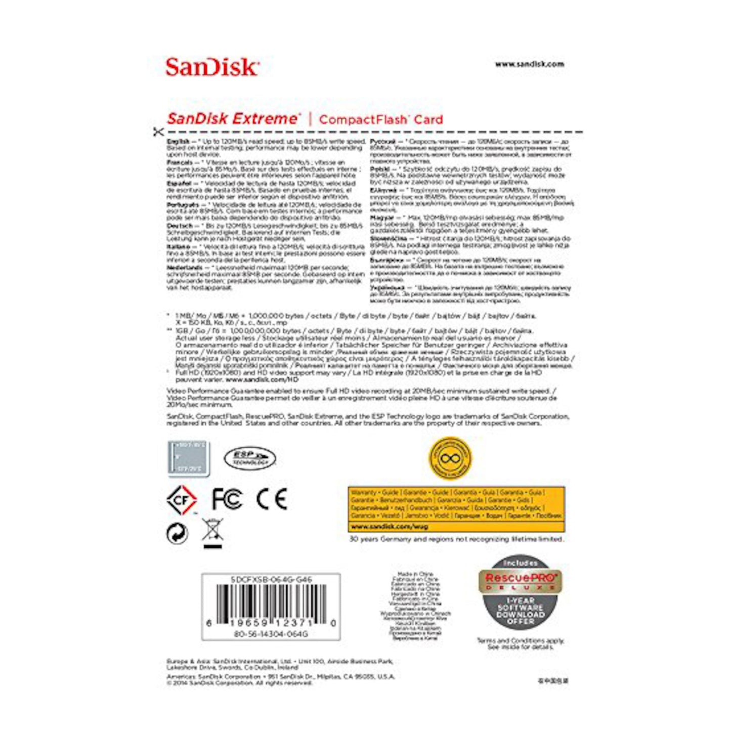 Sandisk Ekstremt CF-kort 64 GB bagside med specifikationer, certifikater, garanti, RescuePRO Deluxe info og stregkoder.