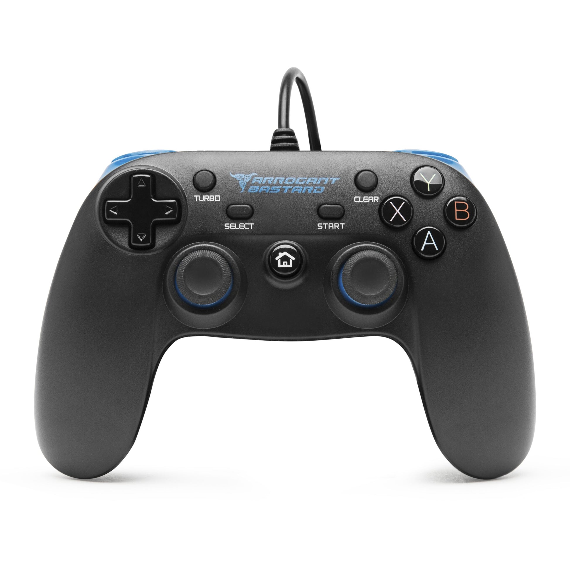 Arrogant Bastard X1 gamepad sort, kablet til PC, til tommelfingersticks, D-pad, X A B Y knapper, logo på toppen.