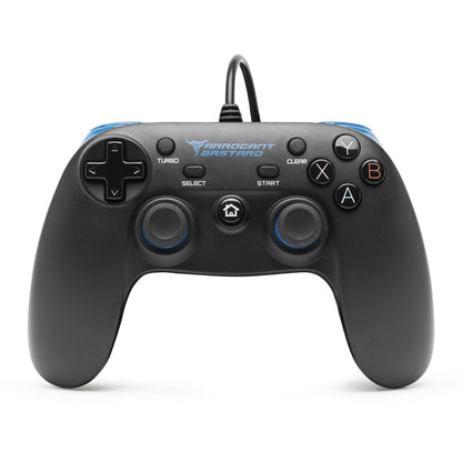Arrogant Bastard X1 gamepad sort, kablet til PC, til tommelfingersticks, D-pad, X A B Y knapper, logo på toppen.