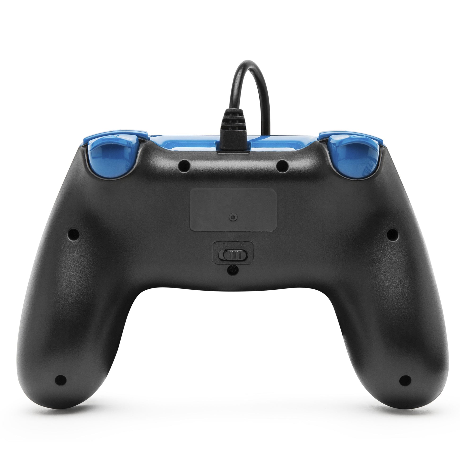 Arrogant Bastard Plexgear X1 Gamepad sort/blå, sæt bagfra, med kabel øverst og central knap, kablet tilslutning.