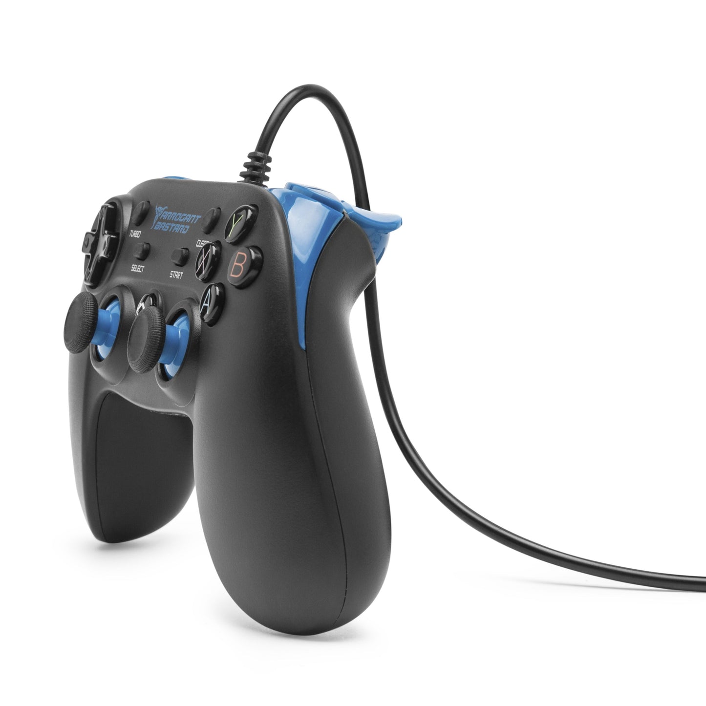 Arrogant Bastard Plexgear X1 gamepad sort/blå med to joysticks, flere knapper og lang ledning til PC gaming.