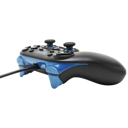 Arrogant Bastard Plexgear X1 gamepad i blå og sort med sideknapper, analoge sticks og fast tilsluttet kabel.