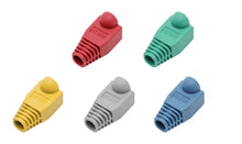 Luxorparts RJ45 Kappe 20-pak ribbede Cat.6 boots rød, grøn, gul, grå, blå med afrundede clipbeskyttere.