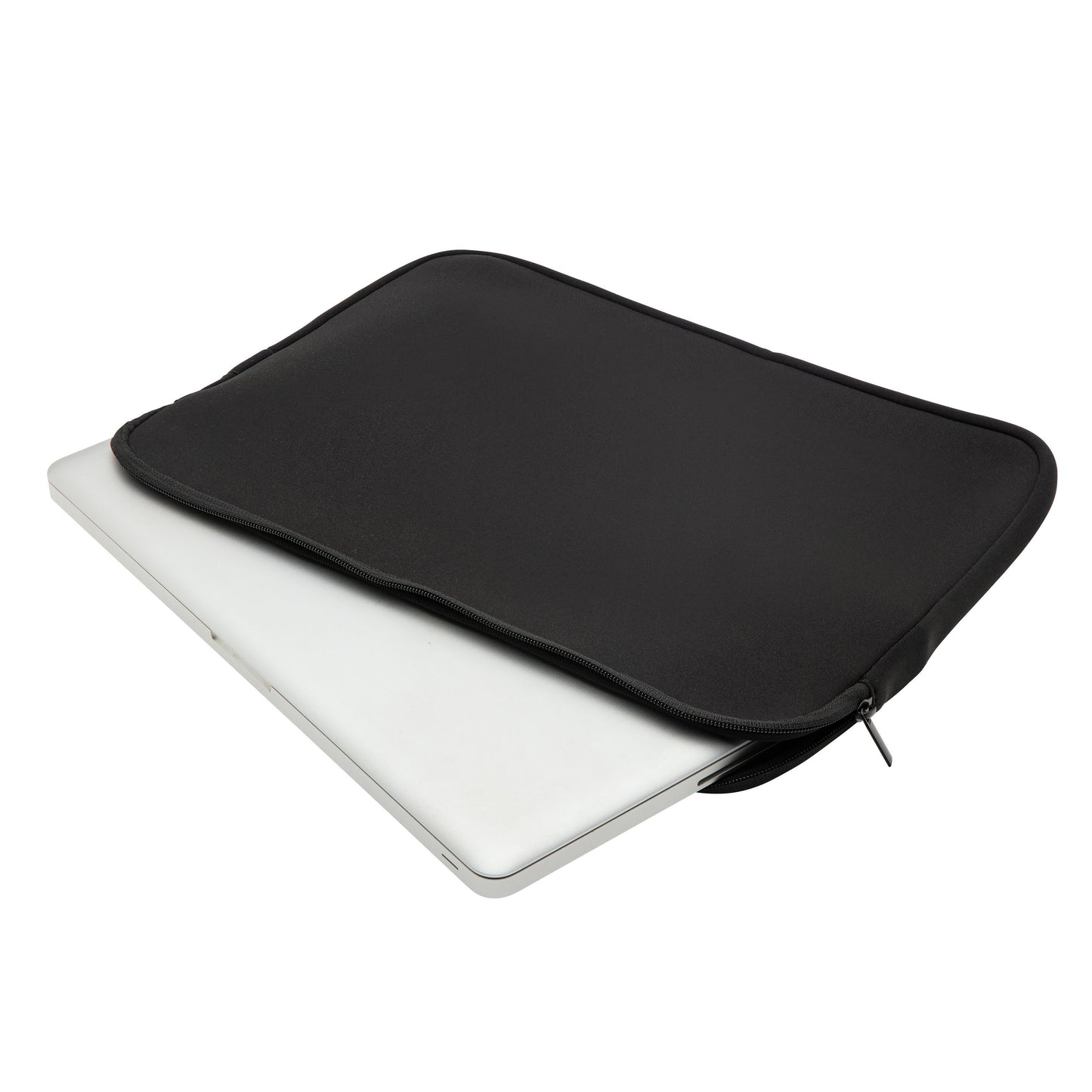 Sølvfarvet laptop delvist ude af sort Plexgear computersleeve 15,6", passer til 15,6" laptops.
