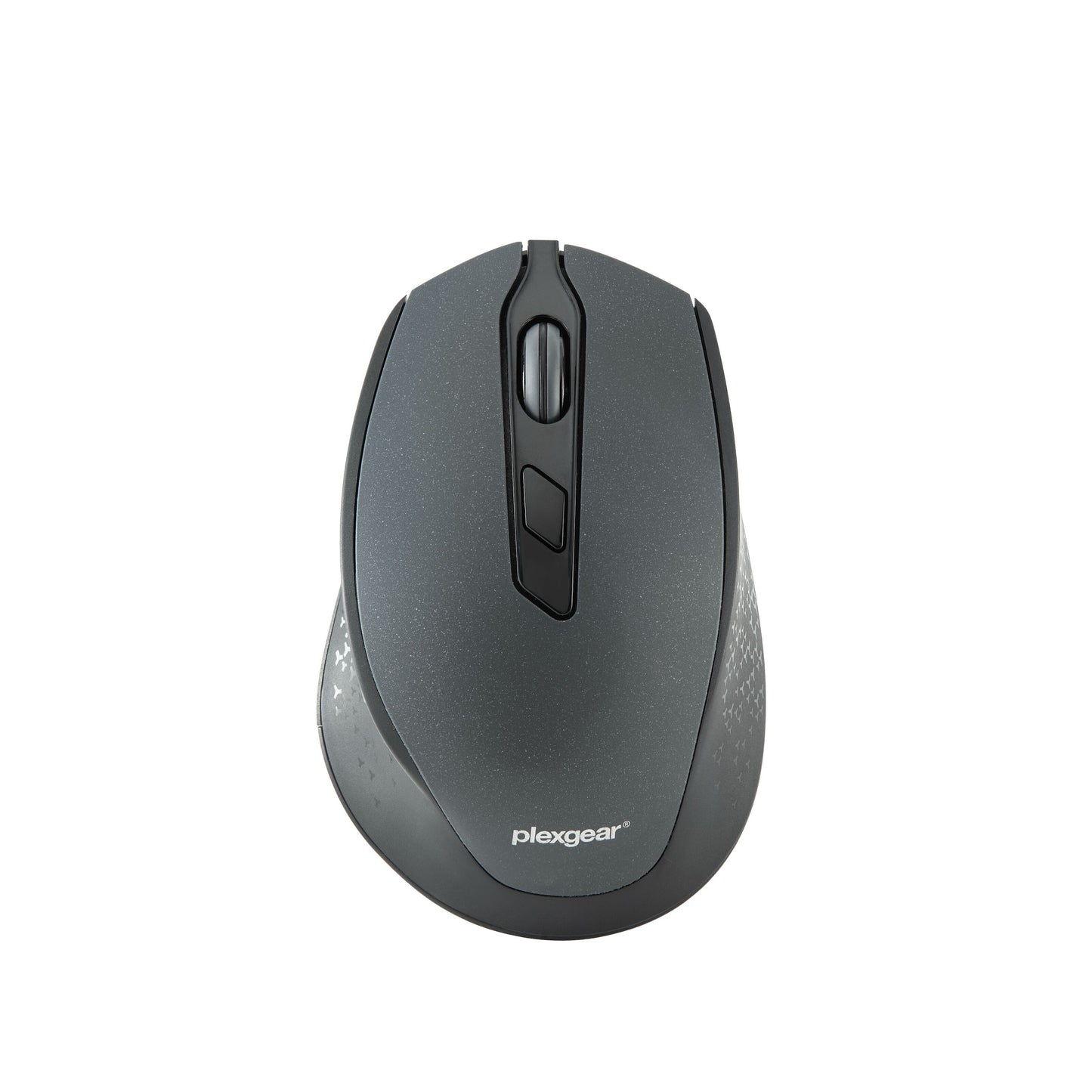 Plexgear MK1000 trådløs sort computer mus med to knapper og scrollhjul, set oppefra.