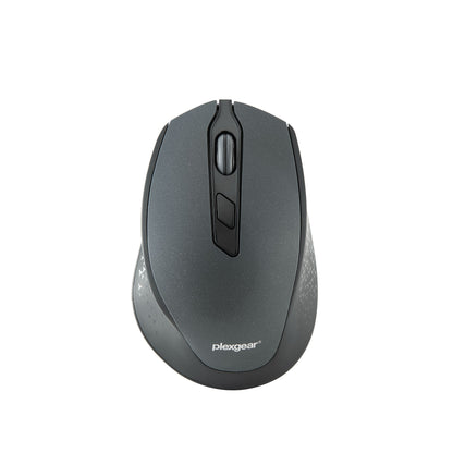Plexgear MK1000 trådløs sort computer mus med to knapper og scrollhjul, set oppefra.