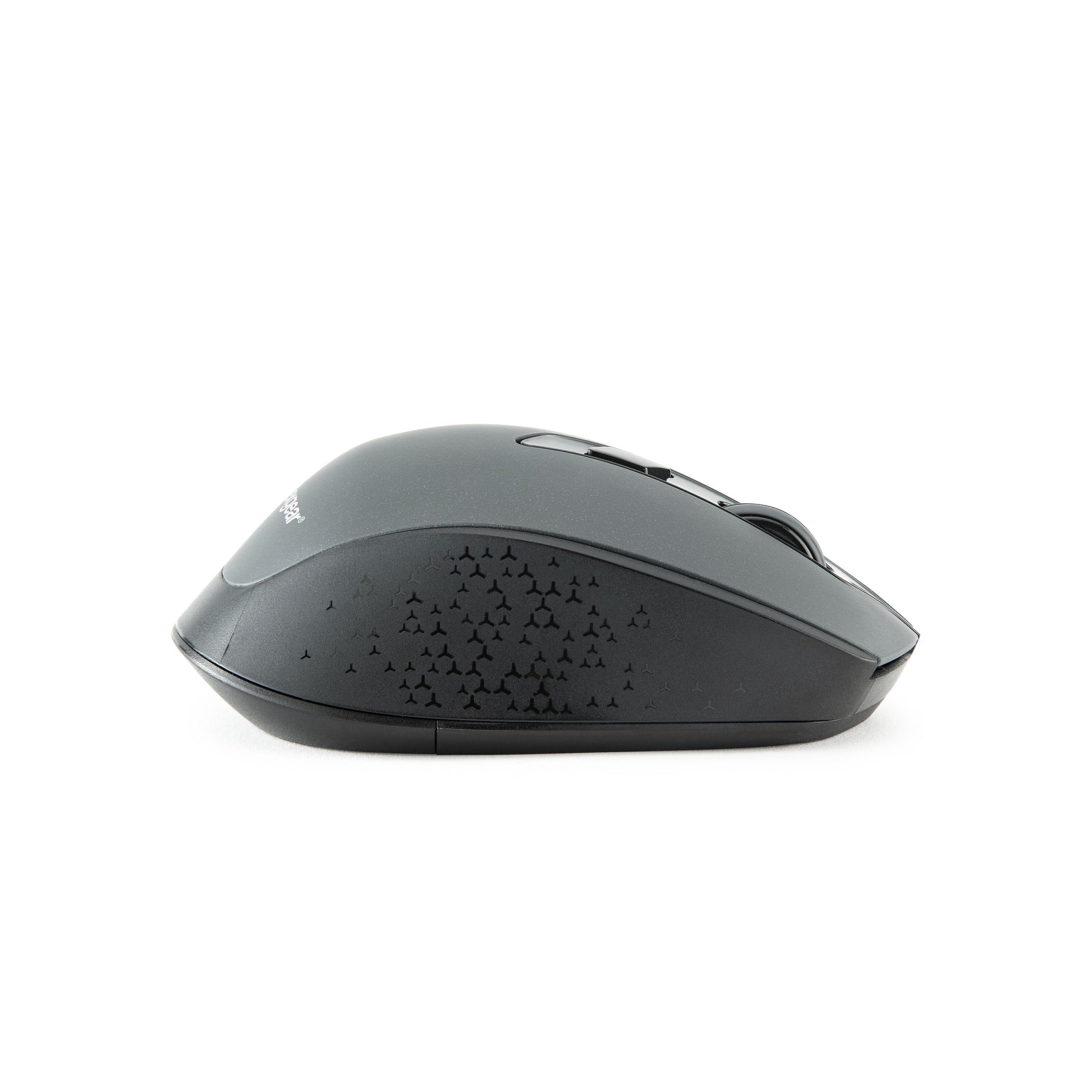 Plexgear MK1000 trådløs lydløs mus sort, sidevisning med rillet greb og små trekantmønstre.