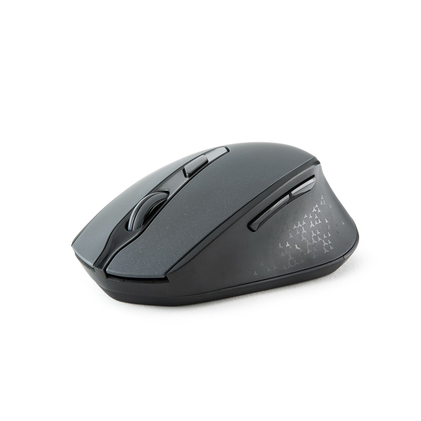 Plexgear MK1000 trådløs lydløs computermus med sideknapper, scrollhjul og trekantmønster, sort.