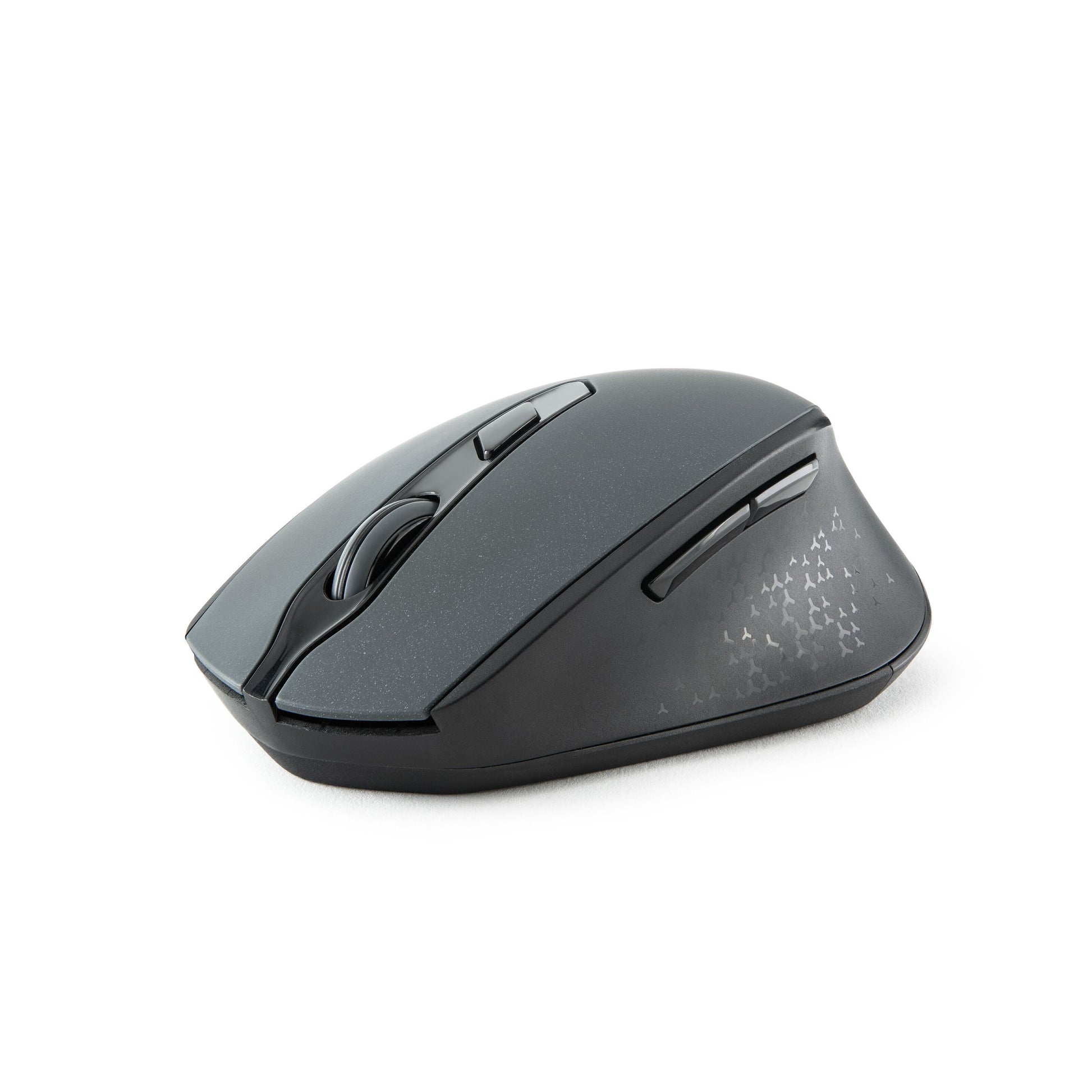 Plexgear MK1000 trådløs lydløs computermus med sideknapper, scrollhjul og trekantmønster, sort.