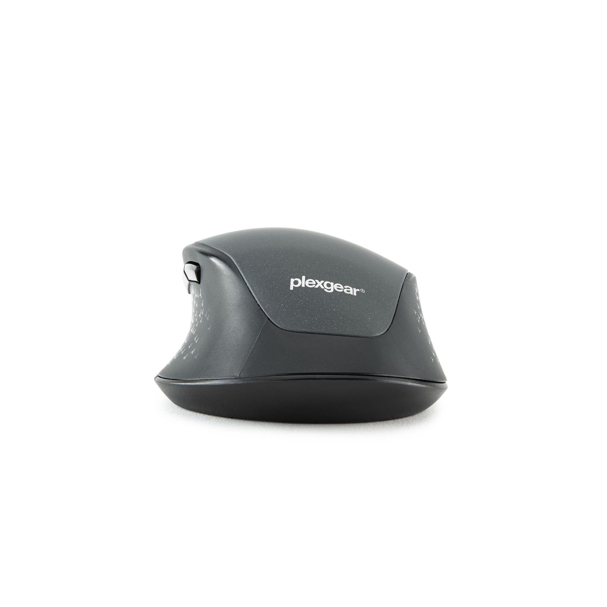 Plexgear MK1000 trådløs lydløs mus til computer, sort, forfra med rullehjul og tydelige knapper.