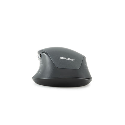 Plexgear MK1000 trådløs lydløs mus til computer, sort, forfra med rullehjul og tydelige knapper.