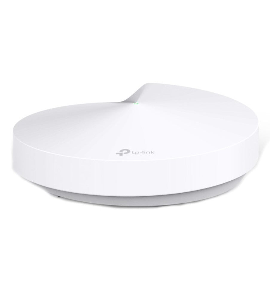 TP-Link Deco M5 Mesh-system AC1300 i hvid, cirkulær form med grøn indikatorlampe, trådløs hastighed op til AC1300.