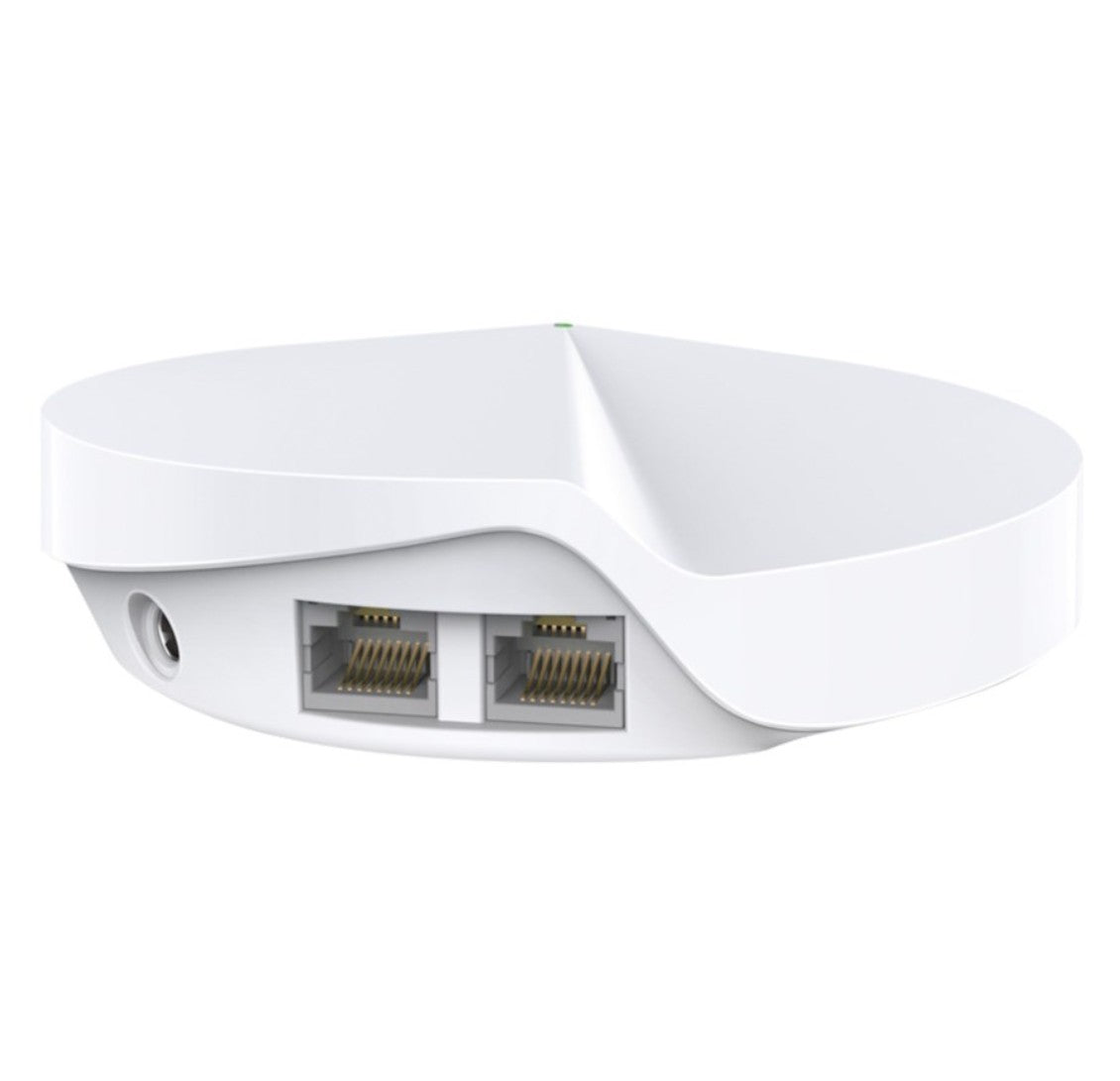 TP-Link Deco M5 Mesh-system AC1300, hvid, rund, til Ethernet-porte og power-indgang på siden.
