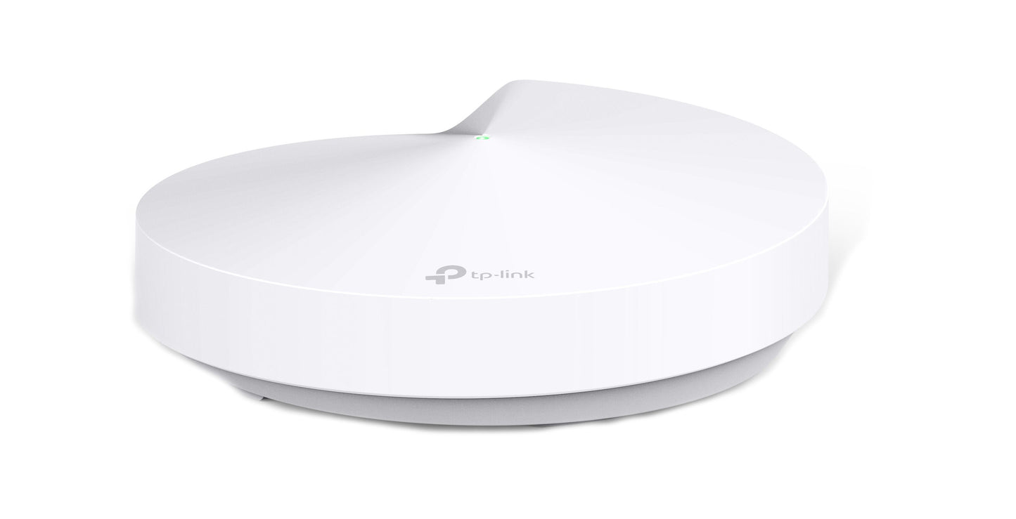 TP-Link Deco M5 Mesh-node AC1300, hvid, cirkulær enhed med lille LED-indikator på toppen.