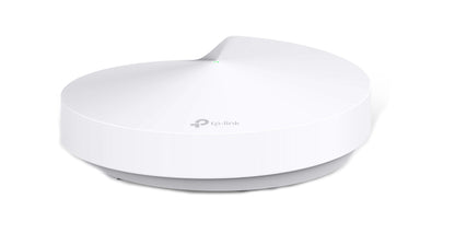 TP-Link Deco M5 Mesh-node AC1300, hvid, cirkulær enhed med lille LED-indikator på toppen.