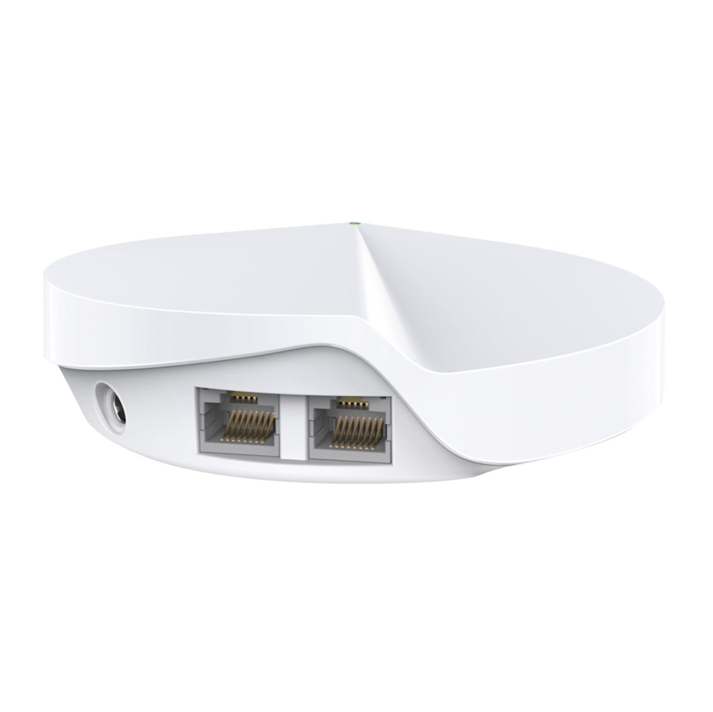 TP-Link Deco M5 Mesh-node AC1300 hvid router, rund, til Ethernet-porte og strømstik.