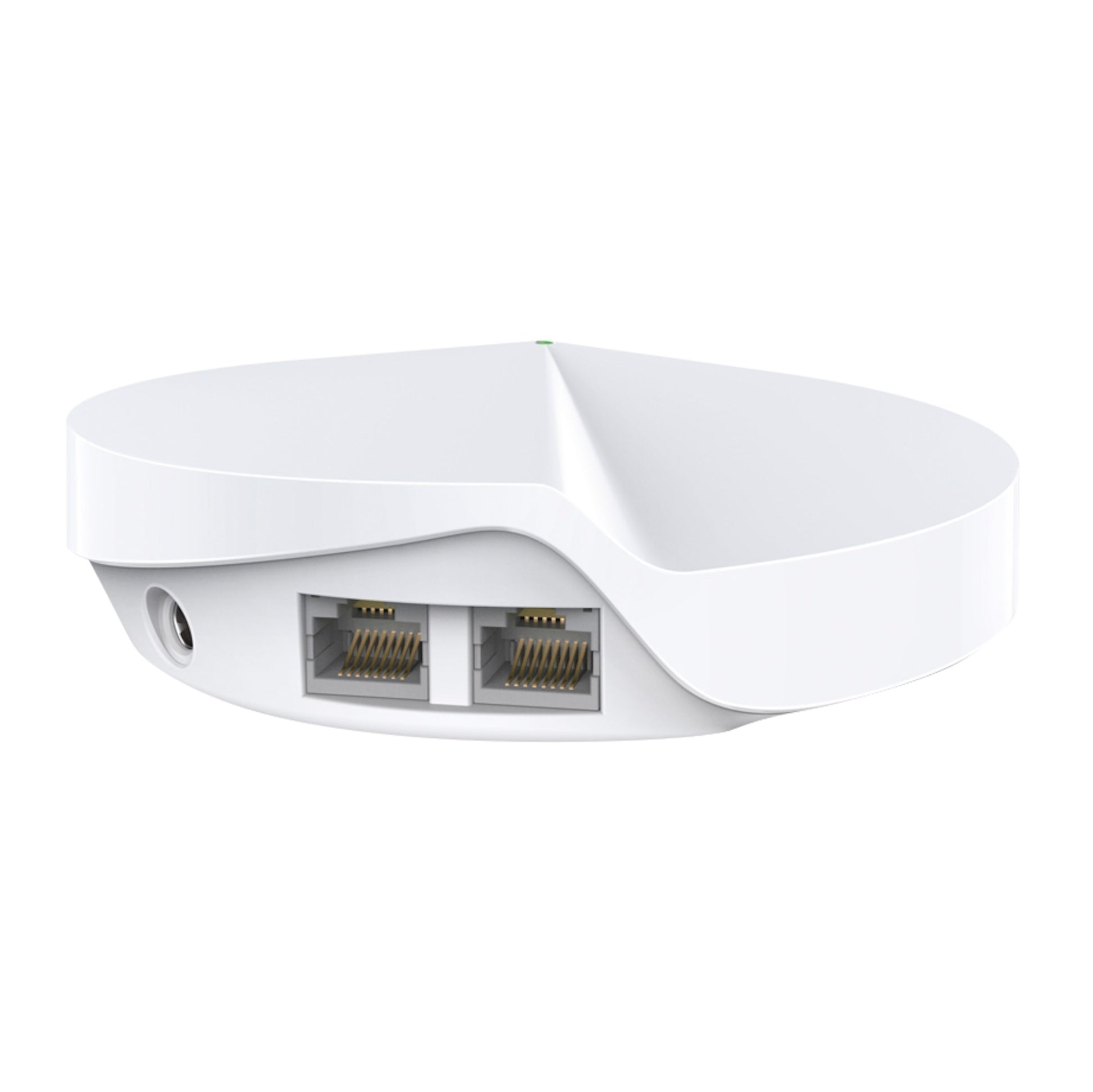 TP-Link Deco M5 Mesh-node AC1300 hvid router, rund, til Ethernet-porte og strømstik.