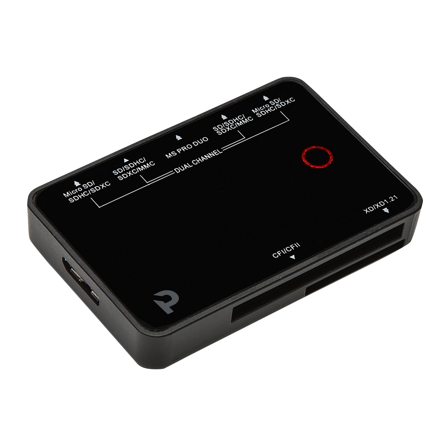 Plexgear Ultra 3.0 kortlæser sort med SD, SDHC, SDXC, microSD og MS Pro Duo porte på side og front.