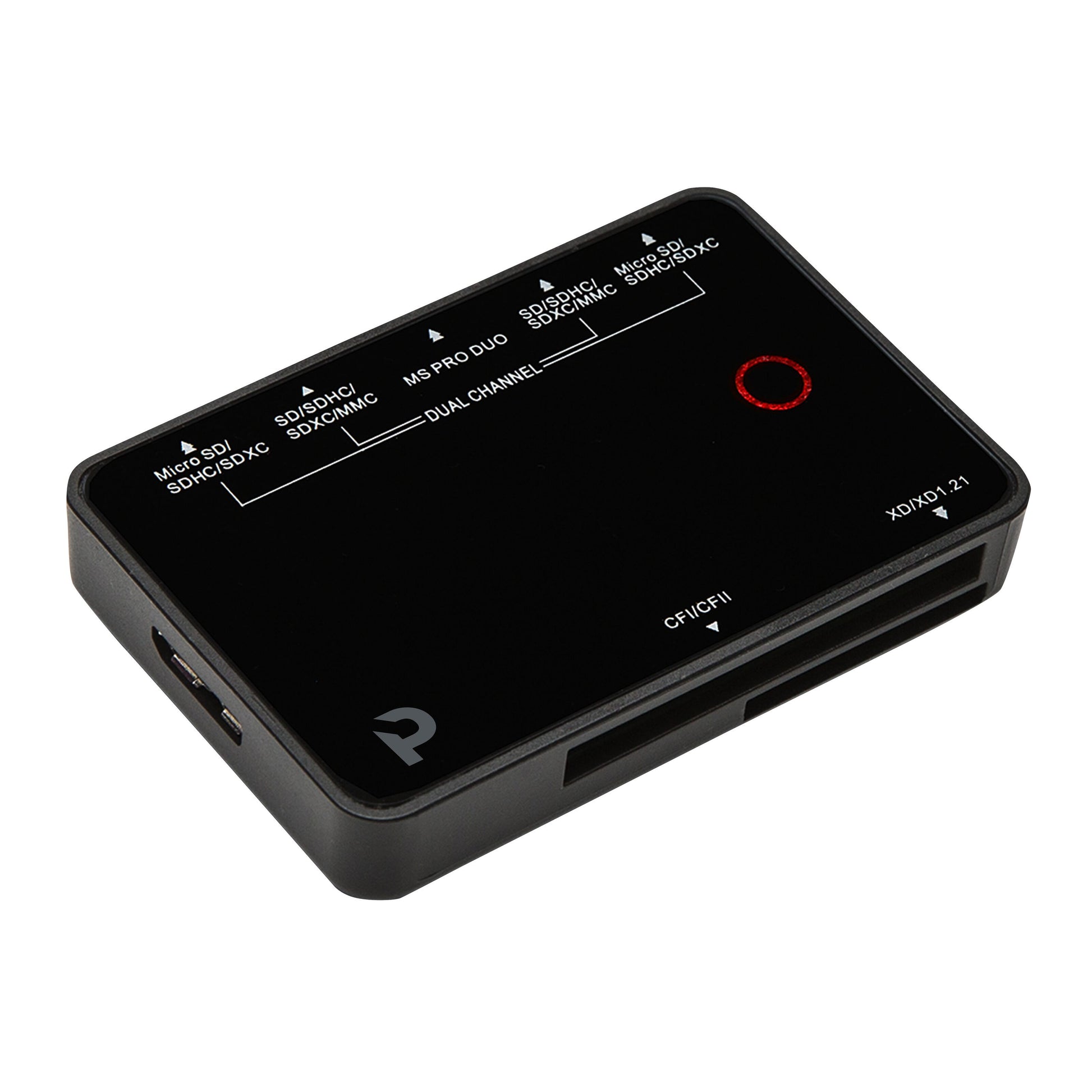 Plexgear Ultra 3.0 kortlæser sort med SD, SDHC, SDXC, microSD og MS Pro Duo porte på side og front.