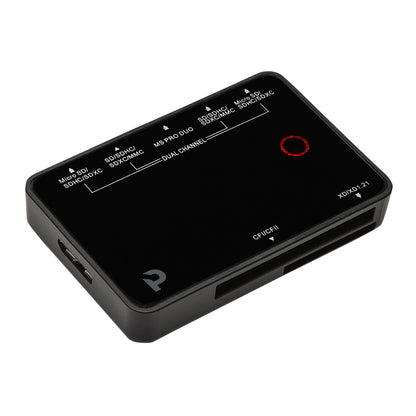 Plexgear Ultra 3.0 kortlæser sort med SD, SDHC, SDXC, microSD og MS Pro Duo porte på side og front.