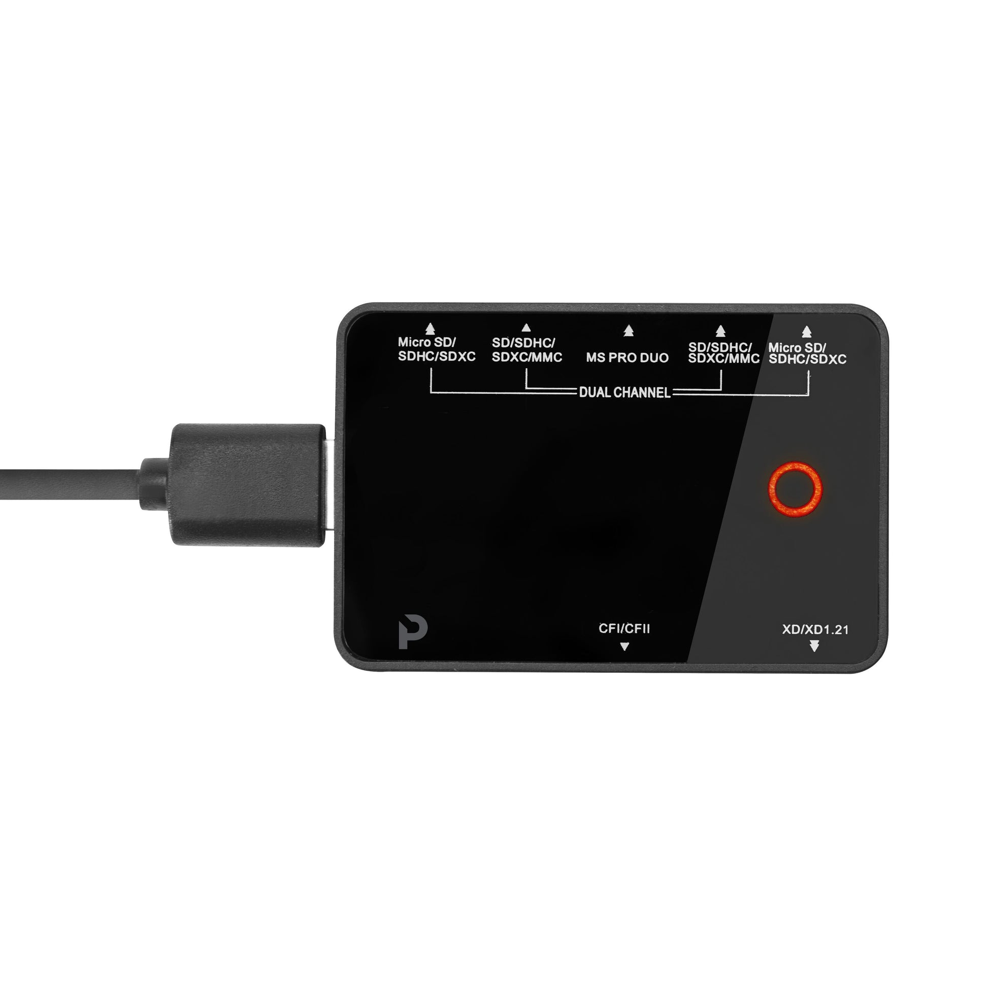 Plexgear Ultra 3.0 sort USB 3.0 kortlæser med mærkede kortslots, lille orange cirkel, hvid tekst, kabel til venstre.
