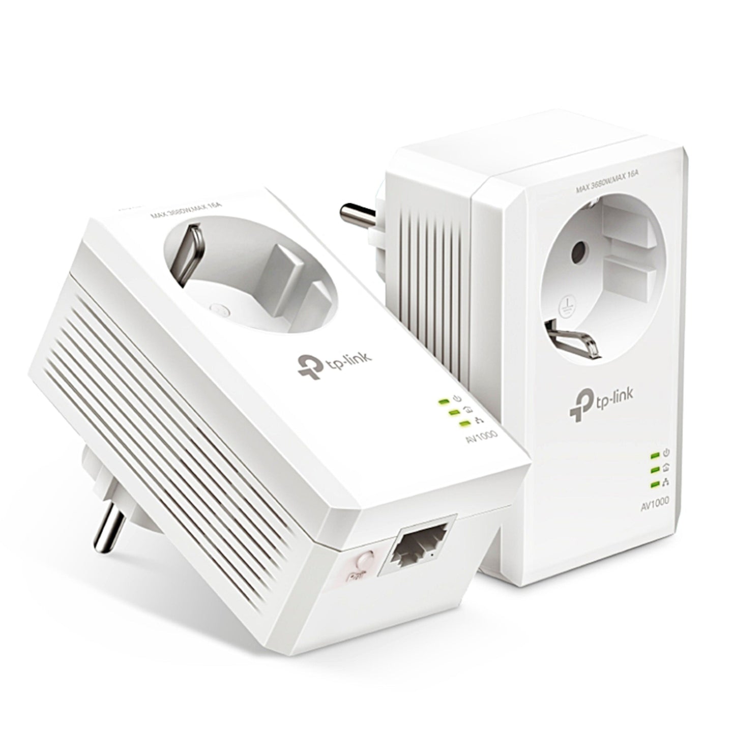 TP-Link TL-PA7017P KIT Homeplug AV2 1 Gb/s, én med LED-indikatorer, én vinklet med Ethernet-port og ventileret side.