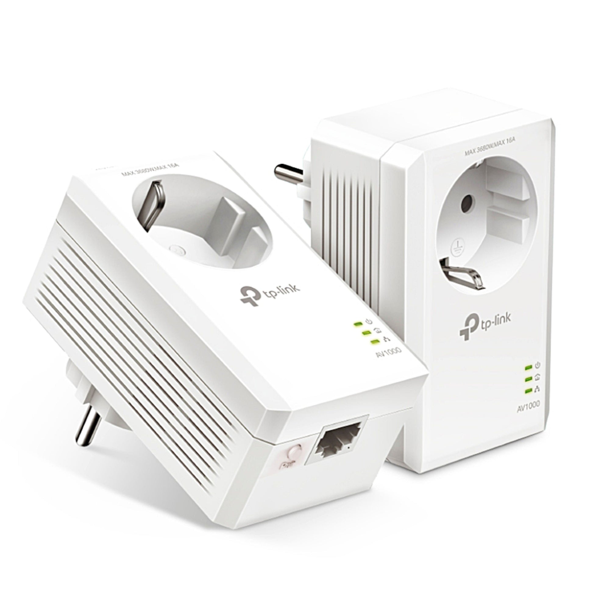 TP-Link TL-PA7017P KIT Homeplug AV2 1 Gb/s, én med LED-indikatorer, én vinklet med Ethernet-port og ventileret side.