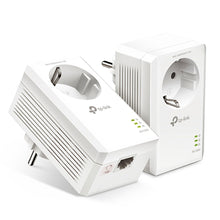 TP-Link TL-PA7017P KIT Homeplug AV2 1 Gb/s, én med LED-indikatorer, én vinklet med Ethernet-port og ventileret side.