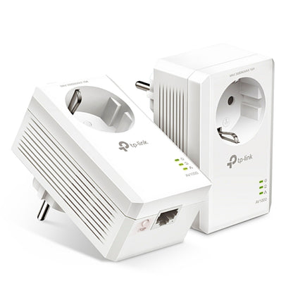 TP-Link TL-PA7017P KIT Homeplug AV2 1 Gb/s, én med LED-indikatorer, én vinklet med Ethernet-port og ventileret side.