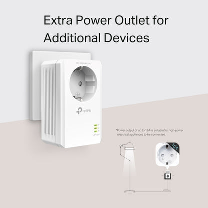 TP-Link TL-PA7017P KIT Homeplug 1 Gb/s 2-pak i stikkontakt, ekstra strømudtag synligt, lampe tilsluttet.