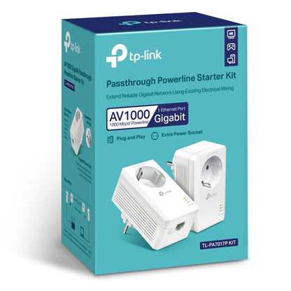TP-Link TL-PA7017P KIT Homeplug 1 Gb/s 2-pak med til hvide adaptere og hver Gigabit Ethernet-port.