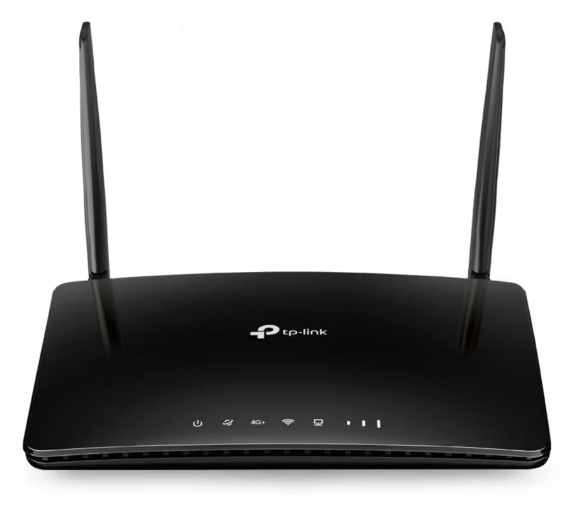 TP-Link Archer MR600 4G+ router modem AC1200 sort med to antenner, LED-indikatorer og TP-Link logo.