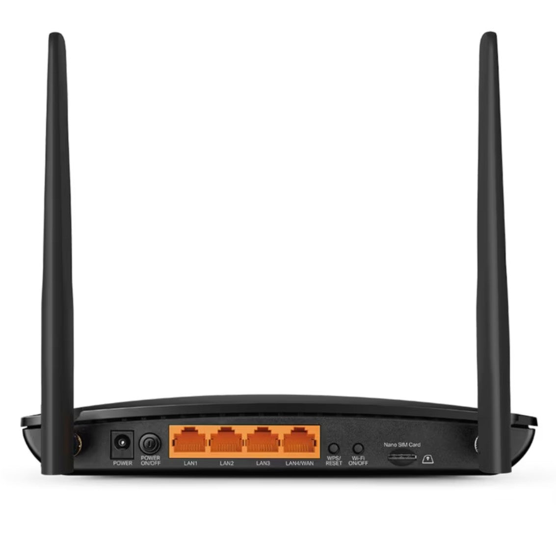 TP-Link Archer MR600 4G+ router AC1200 med to antenner, fire orange LAN/WAN-porte, strømport, WPS/Reset, Wi-Fi-knap og Nano SIM-slot.