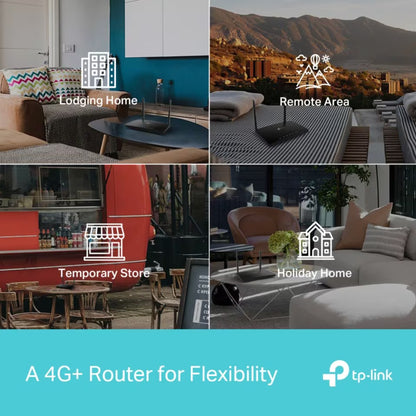 TP-Link Archer MR600 4G+ AC1200 router med modem vises i bolig, bjergterrasse, café og feriebolig tekst: TP-Link 4G+ router.
