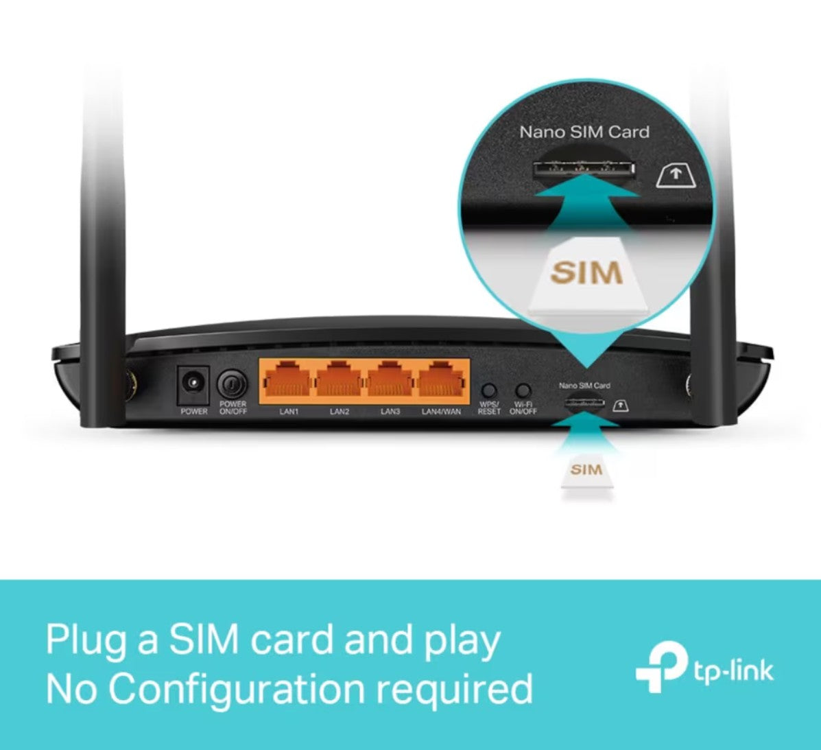 TP-Link Archer MR600 4G+ router AC1200 bagside med port og markeret Nano SIM-slot, TP-Link logo nederst til højre.
