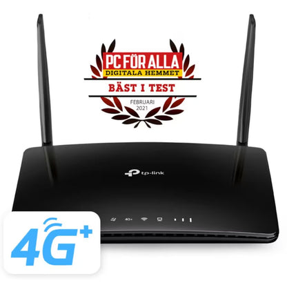 TP-Link Archer MR600 4G+ router sort med AC1200 modem, to antenner, Wireless AC, 4G+-symbol og Bäst i Test-logo.