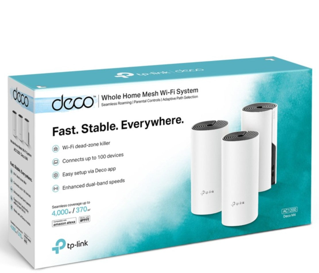 TP-Link Deco M4 Mesh-system AC1200 3 stk hvid fremhæver trådløst net, enkel app-opsætning, dækker op til 4.000 sq ft.