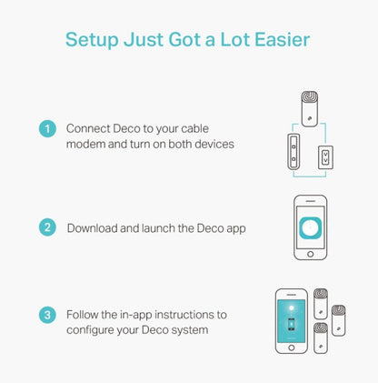TP-Link Deco M4 Mesh-system AC1200, 3 enheder, opsættes via app med kabelmodem og strøm, hvid.