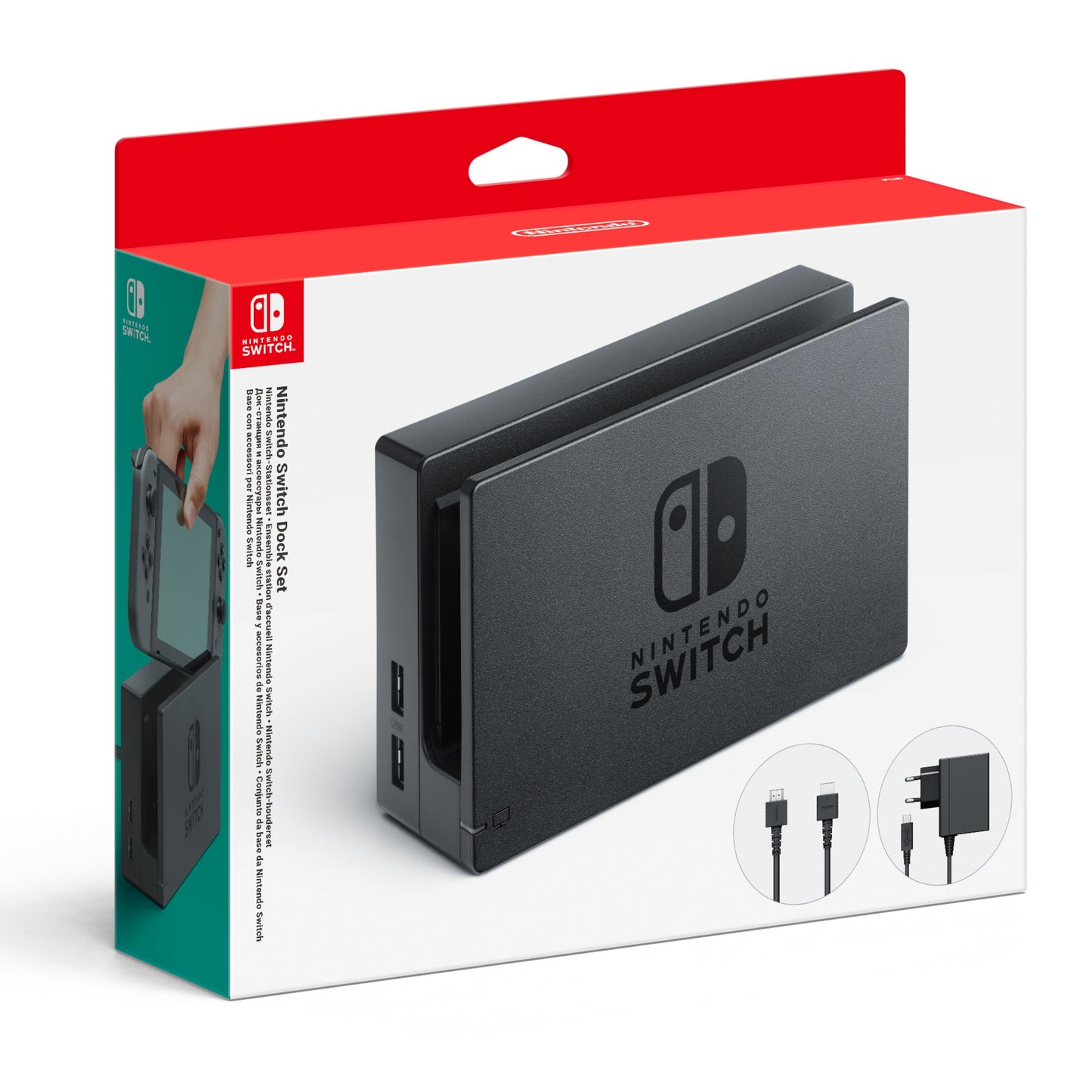 Nintendo Switch Dock Set sort dockingstation til TV med kabler og hånd, der holder konsol tilsluttet dock via HDMI-port.