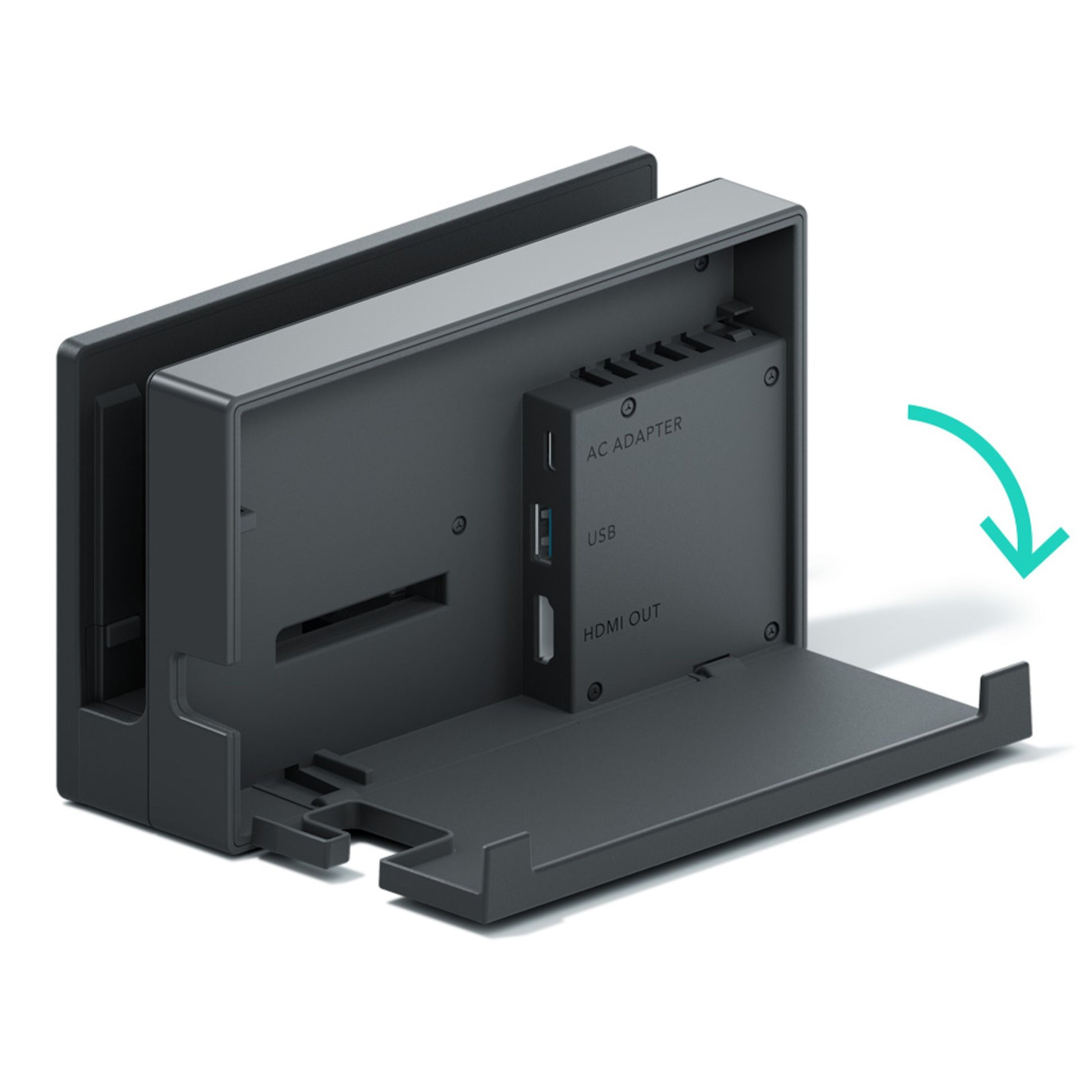 Nintendo Switch Dockingsstation sort med åben bagklap, synlige labels til AC Adapter, USB-dock og HDMI-port, pil viser åbning.